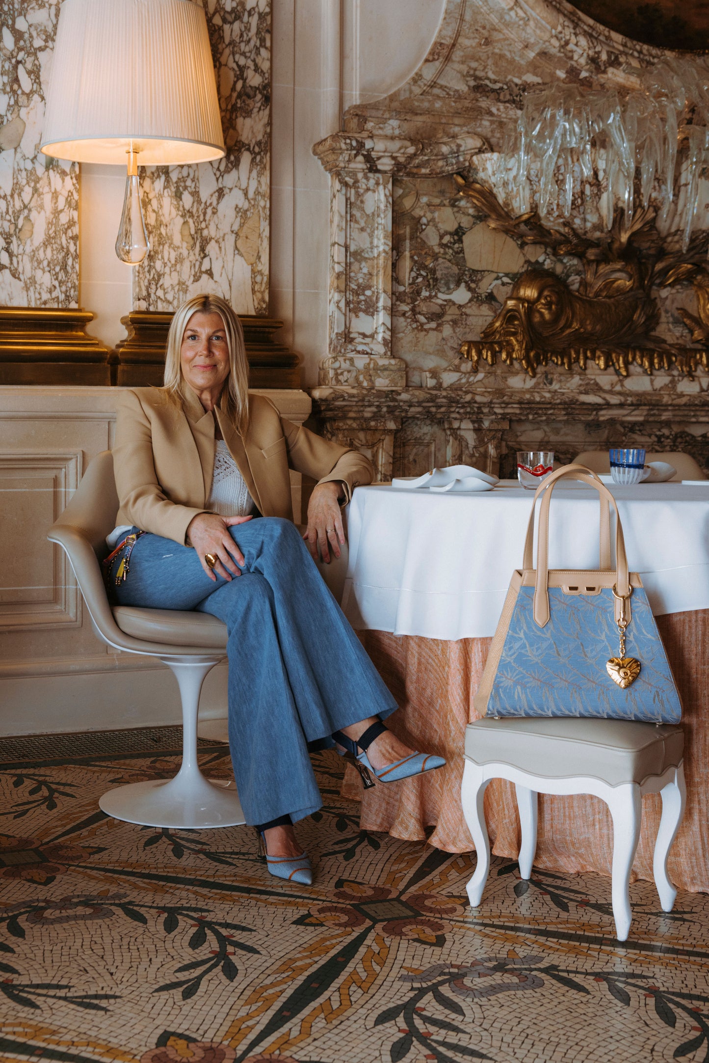 The Cortney Bishop x BENE Page Tote in Cornflower Palm and Raffia