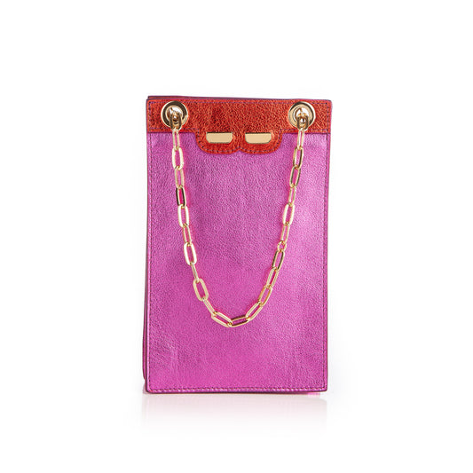 Catherine Cellphone Pouch in Metallic Pink with Red Trim