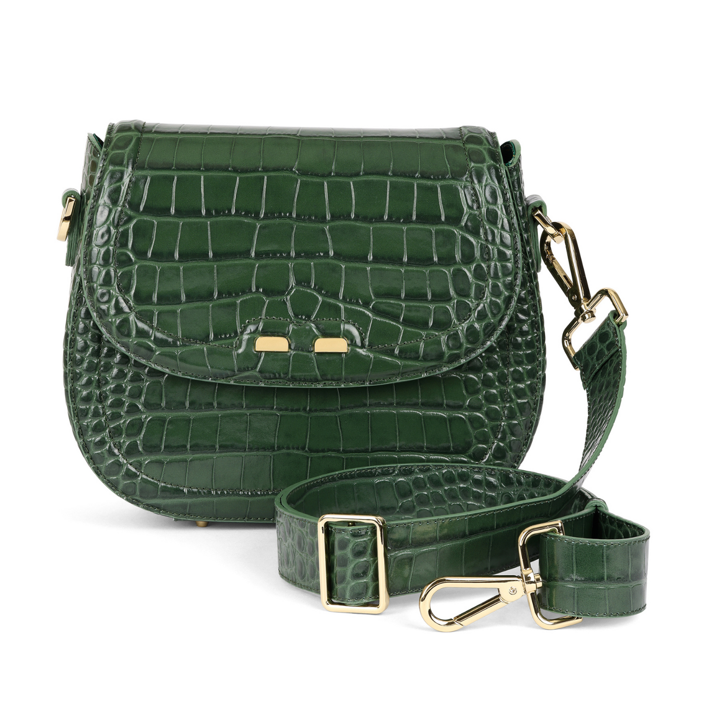 A beige handbag with a crocodile pattern, featuring gold hardware accents