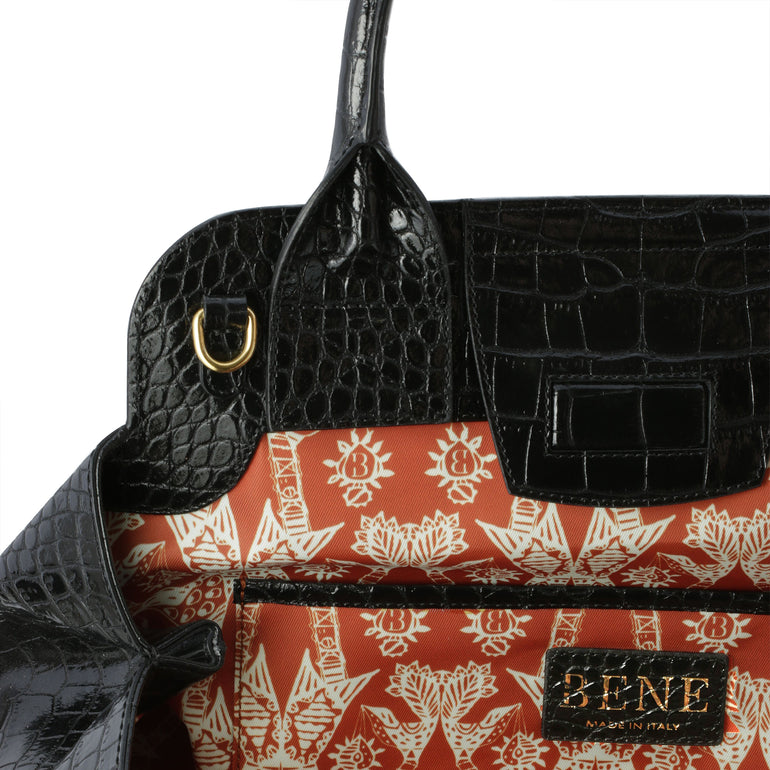 Nott in Black Alligator Stamp - BENE Handbags 